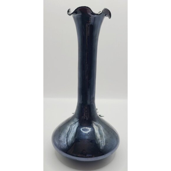 Murano Crystal Glass Vase With Silver Floral Accent 8 Inches Tall Black/Amethyst - Picture 3 of 10